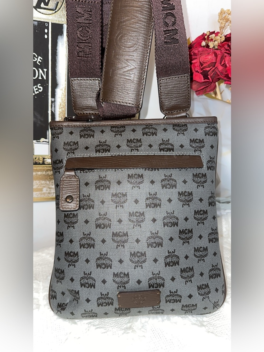 MCM Gray and Brown Monogram Messenger Bag